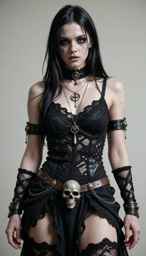 Full‑body portrait of a tall, gothic female figure standing at full height, centered in frame. Pale, ashen skin with realistic skin pores and subtle veins, natural anatomical proportions and complete, correctly positioned limbs and fingers. Long, straight, jet‑black hair, slightly tangled and damp‑looking, falling past the waist and partially covering the face. Intense, dark eye makeup with deep shadowing and faint smudges, eyes focused forward with a haunting, penetrating stare. Thin, gaunt facial structure with high cheekbones, slightly hollowed cheeks, and subtle dirt and ash streaks—no distortions or facial glitches.
Clothing and accessories, intricate, tattered black lace and mesh garments layered over a fitted underlayer, highly detailed fabric textures, (lace patterns, torn edges, mesh weave), realistic cloth folds and seams, natural wear and fraying. Arm wraps and bracelets made of aged metal and leather, chains and small talismans draped across the torso, and a small ornamental skull held at hip level with detailed bone texture. Include a pentagram pendant and layered necklaces with subtle metallic reflections and believable shadows.
Lighting and atmosphere, soft, even studio lighting with cool desaturated tones, subtle rim light from behind to separate figure from background, gentle high‑contrast shadows to emphasize texture without crushing details. Neutral light gray background with faint vignette, minimal environmental distractions.
Art style and rendering, hyperrealistic photographic style, 8k detail, sharp focus on the entire figure, film‑quality texture detail, physically based rendering, (PBR), for fabrics and metals. No body proportion errors, no extra or missing limbs, no floating or disconnected fingers, no texture glitches, no pixelation, no watermarks, no UI overlays. Ensure realistic anatomy, natural joint placement, and fully rendered hands and feet.
Camera and composition, full‑length vertical composition, eye level camera, 50mm equivalent focal length, slight narrow depth of field so the entire body stays in focus, subject centered with room around the figure.
