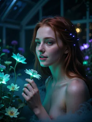 Ultra detailed depiction, extreme close-up composition, sharp focus on her face. A professional cinematic still of a beautiful fantasy redhead woman with pale skin, standing inside a dimly lit greenhouse filled with bioluminescent flowers. Her skin is smooth and cool-toned, with a faint natural sheen. Her eyes are a striking deep green, reflecting the soft glow of the plants around her. Her expression is calm and curious, a gentle smile on her lips as she looks toward one of the glowing flowers near her hand. Her dark hair falls loosely around her shoulders, catching small points of glowing light. Around her, the greenhouse is filled with fantastical flora, glowing flowers in shades of teal, violet, and soft green, casting gentle ambient light through the dim space. Wisps of soft mist drift low along the ground. The overall lighting is dark and moody, lit primarily by the glowing plants themselves, creating dramatic contrast between deep shadow and vivid glowing color. The color palette is dominated by deep blues, teals, and glowing violet accents. Shallow depth of field, soft bokeh background, over-detailed cinematic photography, masterpiece, epic detail, sharp facial details, photorealistic render.