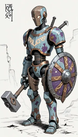 fantasy art, illustration, line art, black and white drawing, sketch, humanoid medieval fantasy robot made from wood, copper and iron, arcene glowing runes carved in the robot, holding a large mallet like warhammer, a round cog like shield strapped to the left arm of the robot, old battered and worn robot, painted in pale blue and purple colors, paint worn and chipped