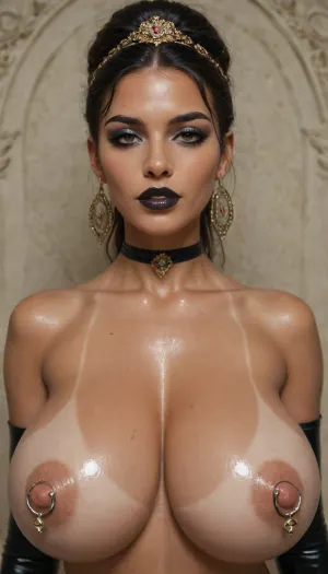 (Alfons Mucha art style:1.8), ars nouveau, bimbo slut, latex, huge breasts, huge nipple rings, sexy pose, intense eye makeup, black eyeshadow, fake eyelashes, heavily lined eyes, thick eyeliner, black lipstick, (oiled skin, tan lines:1.2)