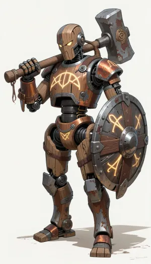 fantasy art, illustration, line art, color drawing, humanoid medieval fantasy robot made from wood, copper and iron, arcene glowing runes carved in the robot, holding a large mallet like warhammer, a round cog like shield strapped to the left arm of the robot, old battered and worn robot