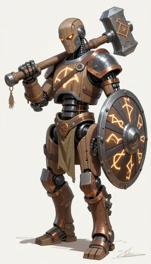 fantasy art, illustration, line art, color drawing, humanoid medieval fantasy robot made from wood, copper and iron, arcene glowing runes carved in the robot, holding a large mallet like warhammer, a round cog like shield strapped to the left arm of the robot