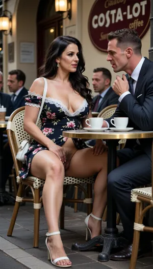 hyper-realistic, masterpiece, 8k UHD, highly detailed, sharp focus, cinematic lighting, Beautiful woman sitting in a street cafe, (exposing her hairy pussy), talking to a man in a suit sitting side by side next to The woman, two coffees on the table. Woman 40+, luxurious long wavy raven hair plus-sized, very low cut dark short wraparound floral minidress with a white lace trim, white heeled sandals. White shoulder bag, legs parted slightly, View is from a low angle in front of the open table. The man has his hand cupping the womans hairy pussy under the table, her hairy pussy just visible. Animated smiling romantic conversation. Women and the occasional man at other tables in the background. Sign on the wall says “COSTA-LOT coffee”

Detailed skin texture, pore detail, soft atmospheric museum lighting, deep shadows, rich velvet colors, dramatic contrast, erotic atmosphere, intricate lace textures, high fashion photography