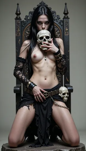 Full‑body portrait of a tall, gothic female figure standing at full height, centered in frame. Pale, ashen skin with realistic skin pores and subtle veins, natural anatomical proportions and complete, correctly positioned limbs and fingers. Long, straight, jet‑black hair, slightly tangled and damp‑looking, falling past the waist and partially covering the face. Intense, dark eye makeup with deep shadowing and faint smudges, eyes focused forward with a haunting, penetrating stare. Thin, gaunt facial structure with high cheekbones, slightly hollowed cheeks, and subtle dirt and ash streaks—no distortions or facial glitches. Poses for the camera in various sexual and revealing poses. Bare breasts and vagina. Poses, (choose one or render as a set of variations), Standing, frontal, arms relaxed at sides, head tilted slightly forward, haunting stare, weight evenly balanced.
Standing, contrapposto, (weight on one leg), one hip pushed out, right hand resting on a chained waist belt, left hand holding the skull at hip level.
Seated on a low stone, legs crossed at ankles, leaning slightly forward, elbows on knees, skull held between both hands at chest level.
Seated on an ornate throne, back straight, left hand gripping armrest, right hand raised holding the skull near face level, expression commanding.
Kneeling on one knee atop a flat rock, left hand pressed to the stone, right hand lifted as if invoking, hair falling forward, dynamic tension in shoulders.
Clothing and accessories, intricate, tattered black lace and mesh garments layered over a fitted underlayer, highly detailed fabric textures, (lace patterns, torn edges, mesh weave), realistic cloth folds and seams, natural wear and fraying. Arm wraps and bracelets made of aged metal and leather, chains and small talismans draped across the torso, and a small ornamental skull held at hip level with detailed bone texture. Include a pentagram pendant and layered necklaces with subtle metallic reflections and believable shadows.
Lighting and atmosphere, soft, even studio lighting with cool desaturated tones, subtle rim light from behind to separate figure from background, gentle high‑contrast shadows to emphasize texture without crushing details. Neutral light gray background with faint vignette, minimal environmental distractions.
Art style and rendering, hyperrealistic photographic style, 8k detail, sharp focus on the entire figure, film‑quality texture detail, physically based rendering, (PBR), for fabrics and metals. No body proportion errors, no extra or missing limbs, no floating or disconnected fingers, no texture glitches, no pixelation, no watermarks, no UI overlays. Ensure realistic anatomy, natural joint placement, and fully rendered hands and feet.
Camera and composition, full‑length vertical composition, eye level camera, 50mm equivalent focal length, slight narrow depth of field so the entire body stays in focus, subject centered with room around the figure.