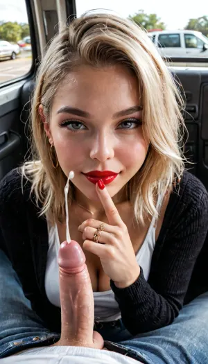 The front view. An 18 years old girlfriend is sitting with tighten thighs on a bus seat, she's pressing her handbag against her. She is a platinum blonde, wears red lipstick, and has her nails painted dark red. She is wearing a tight white top, a black social suit, and a black pencil skirt, silver and golden jewelry. Wedding ring with a diamond on her ring finger., (POV viewer is standing above her face and his penis hanging out of pants:1.2), (the smallest shortest tiny penis is pressing and rubbing against her cheeks:1.6), (((ejaculation))), ., (She's looking indirectly at viewer while she's talking on the phone:1.5), . There are a lot of people on the bus, and people are standing and sitting in the background. Daytime, sunlight sparkling the scene, soft lighting.