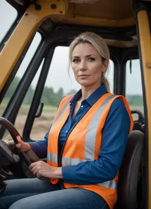 Mature female excavator operator, half-naked in the cab, full view of the excavator
