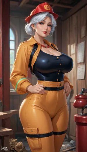 reiq art style, grandma, (voluptuous:1.8), firefighter outfit, advent calendar