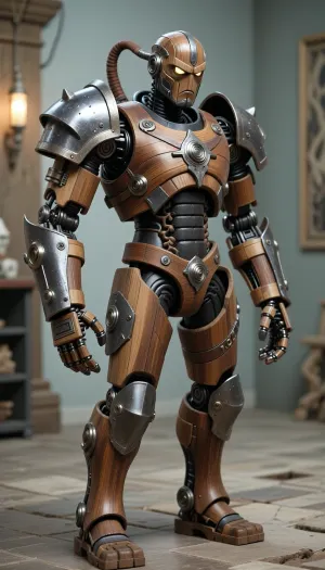 humanoid medieval fantasy robot made from wood and iron