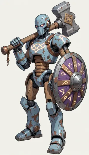 fantasy art, illustration, line art, color drawing, humanoid medieval fantasy robot made from wood, copper and iron, arcene glowing runes carved in the robot, holding a large mallet like warhammer, a round cog like shield strapped to the left arm of the robot, old battered and worn robot, painted in pale blue and purple colors, paint worn and chipped