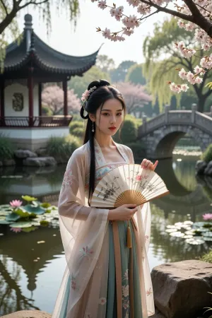 beautiful Chinese woman holding a traditional silk hand fan, standing in a serene traditional Chinese park. She is wearing an elegant hanfu dress. In the background, there is a scenic view with a traditional pavilion, a stone bridge over a quiet pond with lotus flowers, and blooming cherry blossoms. Soft morning sunlight filtering through the trees, creating a peaceful and poetic atmosphere. Highly detailed, cinematic lighting, 8k resolution