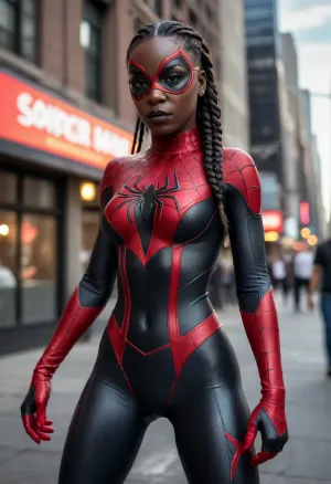 8k, best quality, (masterpiece), (intricate details), (cowboy shot), ((side view)), super sexy 25 year old Black woman dressed as a female Spider-Man, ((black skin:1.5)), long braided black hair, authentic red, and blue 190s era Spider-Man costume, (small black eye mask), brown eyes, perfect face, detailed eyes, sexy, mysterious, ((small round breasts)), narrow hips, muscular legs, tight round ass, red boots, perfect lighting, high detail, octane render, (full-body shot from a distance), in the center of a busy New York City street, action pose
