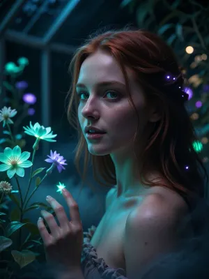 Ultra detailed depiction, extreme close-up composition, sharp focus on her face. A professional cinematic still of a beautiful fantasy redhead woman with pale skin, standing inside a dimly lit greenhouse filled with bioluminescent flowers. Her skin is smooth and cool-toned, with a faint natural sheen. Her eyes are a striking deep green, reflecting the soft glow of the plants around her. Her expression is calm and curious, a gentle smile on her lips as she looks toward one of the glowing flowers near her hand. Her dark hair falls loosely around her shoulders, catching small points of glowing light. Around her, the greenhouse is filled with fantastical flora, glowing flowers in shades of teal, violet, and soft green, casting gentle ambient light through the dim space. Wisps of soft mist drift low along the ground. The overall lighting is dark and moody, lit primarily by the glowing plants themselves, creating dramatic contrast between deep shadow and vivid glowing color. The color palette is dominated by deep blues, teals, and glowing violet accents. Shallow depth of field, soft bokeh background, over-detailed cinematic photography, masterpiece, epic detail, sharp facial details, photorealistic render.