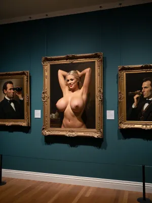 Masterpiece, oil painting on canvas, art gallery interior, three ornate gold frames hanging on dark teal walls, center painting is a voluptuous blonde woman in her 30s, naked, smiling, enormous breasts, classic Venus de Milo hands on head pose looking forward, left painting depicts a Abraham Lincoln facing right looking at the centre painting through a pair of binoculars, right painting depicts Abraham Lincoln looking left at the centre painting using telescope. dramatic Caravaggio chiaroscuro lighting, focused spotlights illuminating each painting from above, deep shadows, rich textures, heavy impasto brushwork, museum atmosphere, hyper-realistic, highly detailed, sharp focus, 8k UHD, cinematic composition, museum lighting.