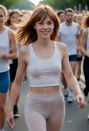 Hyper detailed pornographic illustration of an amateur female athlete wearing a thin cropped oversized sleeveless tees in a marathon festival, in the style of Vanessa Beecroft, highly detailed face, full lips, charming smile, flowing auburn hair with long bangs, nipple curves, loose breast focused, nike long pants, sneakers, head ornament, busy road, many participants, twilight, joyful, volumetric atmosphere, dynamic angle