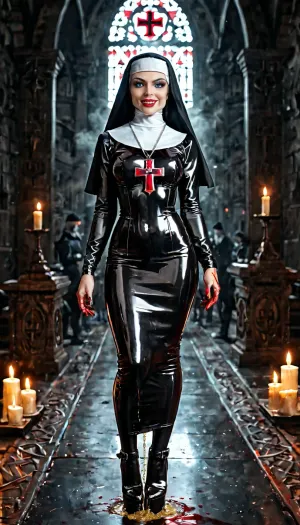 (beautiful slutty nazi latex nun), (curvy hourglass slim figure), 18yo caucasian, ((puffy lips), (perfect lips), (lipstick), (smirk)), (perfect hands, detailed fingers), perfect legs, ((hight detailed eyes), (perfect eyes), (opened eyes), (realistic iris), blue eyes, realistic pupils), (award-winning professional erotic photograph), ((tiptoeing gracefully in her tight long latex dress), (at night in a dark occult gothic ritual temple), (satanic iron cross), (bloody altar)), (wearing a nun's latex habit and latex frill), ankle long latex bodycon dress that is so tight it makes breathing difficult, (ultra tight silhouette), (fantasy), (shadows), chiaroscuro, ((sharp image)), extremely detailed, ultra-detailed, masterpiece, candles, nazi, occult, dark room, steam and haze, dark cold stone