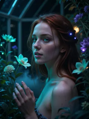 Ultra detailed depiction, extreme close-up composition, sharp focus on her face. A professional cinematic still of a beautiful fantasy redhead woman with pale skin, standing inside a dimly lit greenhouse filled with bioluminescent flowers. Her skin is smooth and cool-toned, with a faint natural sheen. Her eyes are a striking deep green, reflecting the soft glow of the plants around her. Her expression is calm and curious, a gentle smile on her lips as she looks toward one of the glowing flowers near her hand. Her dark hair falls loosely around her shoulders, catching small points of glowing light. Around her, the greenhouse is filled with fantastical flora, glowing flowers in shades of teal, violet, and soft green, casting gentle ambient light through the dim space. Wisps of soft mist drift low along the ground. The overall lighting is dark and moody, lit primarily by the glowing plants themselves, creating dramatic contrast between deep shadow and vivid glowing color. The color palette is dominated by deep blues, teals, and glowing violet accents. Shallow depth of field, soft bokeh background, over-detailed cinematic photography, masterpiece, epic detail, sharp facial details, photorealistic render.