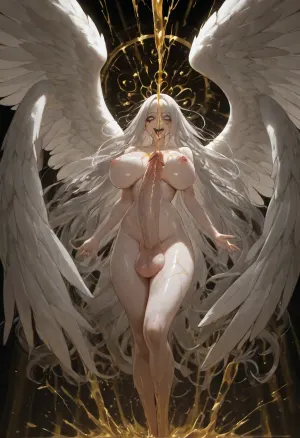 Futanari, very tall, muscular, huge boobs, pale white skin, sliver grey hair, very long hair, thick braid, huge cock, floating in air, golden liquid spraying, legs turn into wings, golden liquid over naked women, white wings, multiple eyes opening on face, creepy laughing