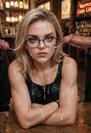 Ultra realistic, 4K, real, (only one girl), Beautiful 20y.o. fully clothed blonde Italian student sitting in the street restaurant of the small Italian city, she wears black squared study glasses, she has perfect smooth face, beautiful dark makeup, ideal supermodel face and skin. She has stern irritation by unexpected cumshot cum stream in the face., (((She recoiled sharply from the cumshot with her face showing absolute surprise))), ., (Very stern frown but surpasses face with almost crying watery eyes:1.3), (Twelve world's tiniest shortest smallest dicks pointed at her face:1.3), extremley small little cocks are cumming on her, huge public_bukkake, huge and thick cum drops leaking down her perfect face, bukkake, cum, supermodel, face, big, lips, <lora:MS_Real_XL_Bukkake:.8>, <lora:Beautify-Supermodel-SDXL:1.2>
