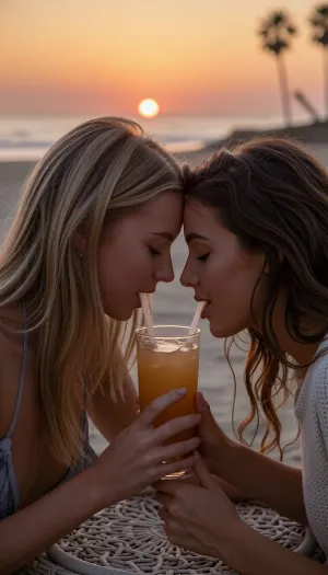 A spontaneous, intimate candid close-up shot from head to torso, taken with an 85mm f/1.4 lens on 35mm color film. Natural late-day lighting features the golden, low-angle glow of the setting sun.

On a California beach at dusk, two naturally beautiful 24-year-old female girlfriends sit facing each other. One has long blonde hair catching the evening's golden highlights, the other has thick, wavy brown hair.
They lean toward one another over a lovely woven table, sharing a tropical cocktail from a large amber-glass tumbler, each sips through a straw dipping into the glass. The straws may be slightly angled near their faces to fit naturally into their mouths. Their faces are very close, they have tender smiles, expressing sincere love. The blonde woman wears a swimsuit, while the brunette wears a fine-knit top with a style that is casual yet refined. Both of them are holding the glass, and their fingers—rendered with anatomical perfection—lightly brush against one another, reinforcing the intimacy of the scene.

In the background, the beach stretches out gently with low waves and soft surf. The sky is ablaze with a gradient of warm hues—ranging from amber-orange to dusty pink—as the sun hangs low on the horizon, poised to dip into the sea, the sunset is both magnificent and romantic. Faint silhouettes of palm trees are visible in the distance. Subsurface skin scattering, ultra-detailed epidermal texture with visible pores and natural micro-relief, subtle expression lines at the corners of the eyes, tiny condensation droplets on the cocktail glass, high micro-contrast, raw color balance, absolute optical sharpness on faces, very soft background blur, (bokeh), .