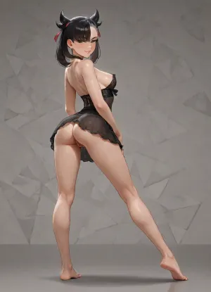adult Marnie from Pokémon, (matured face), detailed anatomy shapes, on her side, looking back, confident subtle smirk, horny, submissive, arched back, legs spread, intimate, pussy, medium breasts, lingerie, no panties, one exposed nipple, full body, slim petite build, skinny, flat colors, vibrant, photorealistic pussy, feet focused, subtly angled