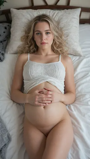 masterpiece, best quality, ultra realistic, photorealistic, young pregnant woman with long curly light blonde hair, soft neutral expression looking at camera, lying in bed with head on gray patterned pillow, white top strap visible, sunlight on face, natural look, bedroom setting, soft morning light, sharp focus