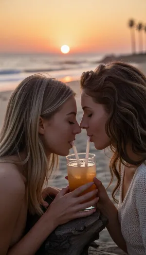 A spontaneous, intimate candid shot taken with an 85mm f/1.4 lens on 35mm color film. Natural late-day lighting features the golden, low-angle glow of the setting sun.

On a California beach at dusk, two naturally beautiful 24-year-old female friends sit facing each other. One has long blonde hair catching the evening's golden highlights, the other has thick, wavy brown hair.
They lean toward one another over a small driftwood table, sharing a tropical cocktail from a large amber-glass tumbler, each sips through a straw dipping into the glass. The straws are slightly angled near their faces to fit naturally into their mouths. Their faces are very close, their gazes locked with intense intimacy, tender smiles, and sincere love. The blonde woman wears a simple, elegant summer outfit, while the brunette wears a fine-knit top with a style that is casual yet refined.

In the background, the beach stretches out gently with low waves and soft surf. The sky is ablaze with a gradient of warm hues—ranging from amber-orange to dusty pink—as the sun hangs low on the horizon, poised to dip into the sea, the sunset is both magnificent and romantic. Faint silhouettes of palm trees are visible in the distance. Subsurface skin scattering, ultra-detailed epidermal texture with visible pores and natural micro-relief, subtle expression lines at the corners of the eyes, tiny condensation droplets on the cocktail glass, high micro-contrast, raw color balance, absolute optical sharpness on faces, very soft background blur, (bokeh), .