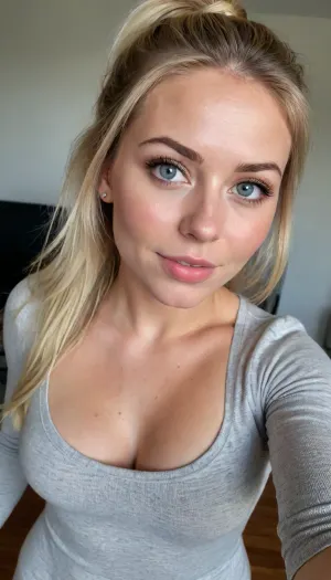 28 Year old woman, mature, MILF Body, dorm room, college, bedroom, perfect lighting, Summer, Warm light, ultra realistic, 8k resolution, ultra-detailed, professional photography, Scandinavian grey eyes, light eyes, Big eyes, detailed eyes, high resolution eyes, high quality eyes, thick sensitive lips, beautiful lips, filled lips, mouth open, lips parted, Fit body, toned body, athletic body, Fit thighs, large ass, big ass, round ass, soft breasts, sagging breasts, wide areolas, wide hips, narrow waist, tall, long legs, flushed face, flushed cheeks, rosy cheeks, Happy face, Big ass, Wide jaw, strong jaw, square jaw, sharp cheekbones, Golden dust, Platinum blonde ponytail Hair, shiny hair, white skin, sweaty, sweaty skin, oiled up, freckles on face, noticeable freckles, laughing loud, dimples, dimples in cheeks, spunky attitude, feisty attitude, high energy, rockstar attitude, sexy dance, striptease, teasing, stripping, dancing, selfie, raised selfie, view from above looking down, (wearing slim sweater dress:1.3), in Winter Outside
