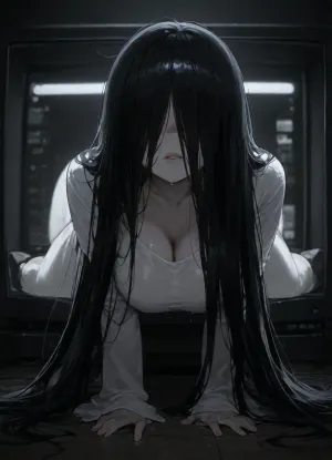 sadako, Her upper body is crawling out through the television screen, bend forward