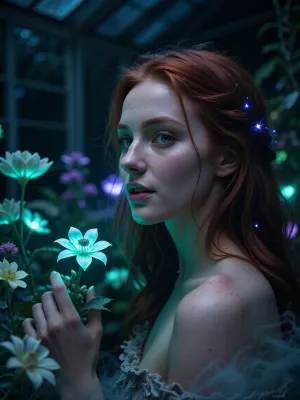 Ultra detailed depiction, extreme close-up composition, sharp focus on her face. A professional cinematic still of a beautiful fantasy redhead woman with pale skin, standing inside a dimly lit greenhouse filled with bioluminescent flowers. Her skin is smooth and cool-toned, with a faint natural sheen. Her eyes are a striking deep green, reflecting the soft glow of the plants around her. Her expression is calm and curious, a gentle smile on her lips as she looks toward one of the glowing flowers near her hand. Her dark hair falls loosely around her shoulders, catching small points of glowing light. Around her, the greenhouse is filled with fantastical flora, glowing flowers in shades of teal, violet, and soft green, casting gentle ambient light through the dim space. Wisps of soft mist drift low along the ground. The overall lighting is dark and moody, lit primarily by the glowing plants themselves, creating dramatic contrast between deep shadow and vivid glowing color. The color palette is dominated by deep blues, teals, and glowing violet accents. Shallow depth of field, soft bokeh background, over-detailed cinematic photography, masterpiece, epic detail, sharp facial details, photorealistic render.