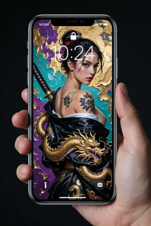 professional, high-quality advertising shot captured with a full-frame DSLR camera and an 85mm lens, (close-up), . At the center of the composition, a hand with impeccably rendered fingers confidently holds an elegant, modern smartphone against a solid dark background. The phone’s large, bezel-less screen glows, displaying a realistic lock screen interface, a clean status bar with sharp, authentic standard status indicators, (cellular signal, Wi-Fi, battery icons), and a perfectly formed digital clock showing "10, 24" in a standard crisp font, free of any extra text, gibberish letters, or widgets. The display features an artistic image—an original, award-winning masterpiece created using the premium alla prima, (impasto), technique, characterized by thick, expressive brushstrokes. The painting on the screen depicts a stunning Japanese female warrior looking back over her shoulder, revealing graceful Asian features, a piercing gaze, and an intricate black floral tattoo on her bare shoulder. She wears a luxurious black silk kimono adorned with a magnificent, highly detailed gold-thread dragon that appears to coil around her figure. The dark katana is properly slung across her back, secured by a traditional sash, its tsuka, (hilt), emerges naturally above her left shoulder, while the scabbard strictly follows the angle of her spine, passing underneath her clothing without clipping or intersecting with her skin. Thick, textured oil paint strokes—applied with a palette knife in vibrant hues like electric purple, acid turquoise, and liquid gold—cover the artistic background, creating a rich, tactile matte surface. The hand holding the device and the phone's metallic edges are in sharp focus, striking a balance between modern digital reality and the texture of the painted canvas.