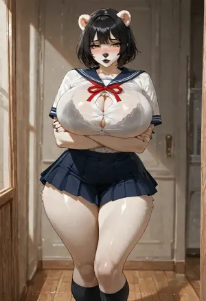 Masterpiece, high Quality, Best Quality, Beautiful Art, (anthro female, polar bear, anthrofied, ursine, black hair, Bob cut, firm taut spherical huge breasts, thick lips, glossy black lips), crossed arms, (wearing a sailor with collar ribbon and slouch socks, pleated school skirt, cleavage slip), (shy pose, black bra visible through clothing, front view), finger claws, (yellow eyes), busty figure, detailed eyes, beautiful composition, best shadows, intricate detail, intricate details, masterpiece, ultra-HD, (((furry art, anthro woman))), high detail, <lora:add-detail-xl:1.2>, <lora:LCMTurboMix_Euler_A_fix:.8>