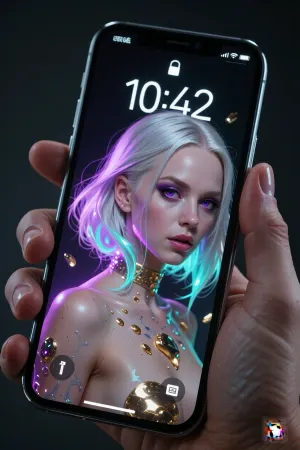 Product photo, A professional close-up macro A professional macro shot. At the center of the composition is a hand with anatomically flawless fingers, confidently holding a sleek, modern smartphone at a slight angle. It features a large, bezel-less screen. The top of the display shows a digital status bar and a clock with crisp, glowing white numerals, (e.g., 10:42), . The screen wallpaper depicts a striking albino woman with cascading silvery hair and large, dark violet eyes. Her semi-transparent silhouette is rendered using a double-exposure technique, glowing neon-purple and electric-blue elements, along with flecks of liquid gold, are overlaid onto her body. Exceptional detail in the glass texture, highest quality, realistic photographic style.macro texture of the glass, best quality, realistic photography style.