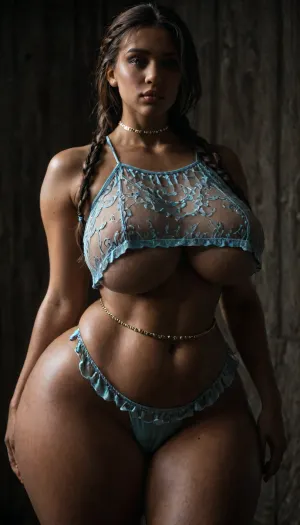 (Brown skinned model in thicc underboob Nightie crop top:1.5), (voluptuous thicc huge curvaceous body:1.3), ((long straight hair braid, massive mommy saggy out massive huge naturals)), (white sheer lace string blue thongs cameltoe:1), (((wide hips))), massive thighs, (((thicc belly chain waist:1.3))), <lora:dark:.2>, <lora:LCMTurboMix_Euler_A_fix:.8>