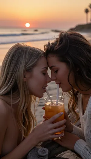A spontaneous, intimate candid shot taken with an 85mm f/1.4 lens on 35mm color film. Natural late-day lighting features the golden, low-angle glow of the setting sun.

On a California beach at dusk, two naturally beautiful 24-year-old female friends sit facing each other. One has long blonde hair catching the evening's golden highlights, the other has thick, wavy brown hair.
They lean toward one another over a small driftwood table, sharing a tropical cocktail from a large amber-glass tumbler, each sips through a straw dipping into the glass. The straws are slightly angled near their faces to fit naturally into their mouths. Their faces are very close, they have tender smiles, expressing sincere love. The blonde woman wears a simple, elegant summer outfit, while the brunette wears a fine-knit top with a style that is casual yet refined.

In the background, the beach stretches out gently with low waves and soft surf. The sky is ablaze with a gradient of warm hues—ranging from amber-orange to dusty pink—as the sun hangs low on the horizon, poised to dip into the sea, the sunset is both magnificent and romantic. Faint silhouettes of palm trees are visible in the distance. Subsurface skin scattering, ultra-detailed epidermal texture with visible pores and natural micro-relief, subtle expression lines at the corners of the eyes, tiny condensation droplets on the cocktail glass, high micro-contrast, raw color balance, absolute optical sharpness on faces, very soft background blur, (bokeh), .