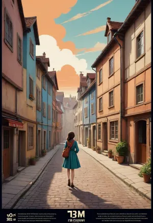 ((old vintage poster style, limited 16-colors palette, bright solid colors, minimal detail, no color gradient, old anime style, low details)), each color is solid and separated from the other by a thin line of a darker shade, (saturated bright colors, high definition image, high contrast colors), in aesthetics of early 20th century poster.

sunrise in medieval western europe town