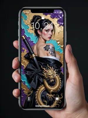 professional, high-quality advertising shot captured with a full-frame DSLR camera and an 85mm lens, (close-up), . At the center of the composition, a hand with impeccably rendered fingers confidently holds an elegant, modern smartphone against a solid dark background. The phone’s large, bezel-less screen glows, displaying a realistic lock screen interface, a clean status bar with sharp, authentic standard status indicators, (cellular signal, Wi-Fi, battery icons), and a perfectly formed digital clock showing "10, 24" in a standard crisp font, free of any extra text, gibberish letters, or widgets. The display features an artistic image—an original, award-winning masterpiece created using the premium alla prima, (impasto), technique, characterized by thick, expressive brushstrokes. The painting on the screen depicts a stunning Japanese female warrior looking back over her shoulder, revealing graceful Asian features, a piercing gaze, and an intricate black floral tattoo on her bare shoulder. She wears a luxurious black silk kimono adorned with a magnificent, highly detailed gold-thread dragon that appears to coil around her figure. The dark katana is properly slung across her back, secured by a traditional sash, its tsuka, (hilt), emerges naturally above her left shoulder, while the scabbard strictly follows the angle of her spine, passing underneath her clothing without clipping or intersecting with her skin. Thick, textured oil paint strokes—applied with a palette knife in vibrant hues like electric purple, acid turquoise, and liquid gold—cover the artistic background, creating a rich, tactile matte surface. The hand holding the device and the phone's metallic edges are in sharp focus, striking a balance between modern digital reality and the texture of the painted canvas.