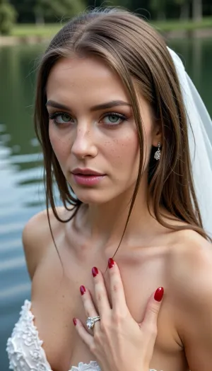 Naked wet bride in lake.A 28-year-old, elegant, fair-skinned woman, a very beautiful woman, pale pink lips, long eyelashes, dark eye makeup, an intense gaze, a sexy expression, very fair complexion, a fit body, ultra HD, large eyes, subtle makeup, glossy red nails, porcelain-white skin, full lips, a slender and fit body, medium-length straight light brown hair, sharp facial features and jawline, sparkling green eyes, a large diamond wedding band, freckles, realistic facial features.