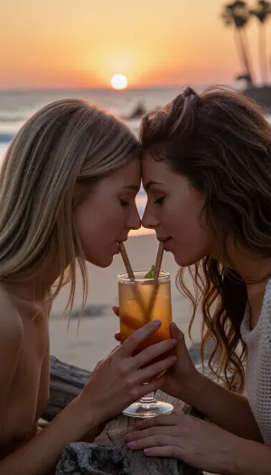 A spontaneous, intimate candid shot taken with an 85mm f/1.4 lens on 35mm color film. Natural late-day lighting features the golden, low-angle glow of the setting sun.

On a California beach at dusk, two naturally beautiful 24-year-old female friends sit facing each other. One has long blonde hair catching the evening's golden highlights, the other has thick, wavy brown hair.
They lean toward one another over a small driftwood table, sharing a tropical cocktail from a large amber-glass tumbler, each sips through a straw dipping into the glass. The straws are slightly angled near their faces to fit naturally into their mouths. Their faces are very close, they have tender smiles, expressing sincere love. The blonde woman wears nothing, while the brunette wears a fine-knit top with a style that is casual yet refined.

In the background, the beach stretches out gently with low waves and soft surf. The sky is ablaze with a gradient of warm hues—ranging from amber-orange to dusty pink—as the sun hangs low on the horizon, poised to dip into the sea, the sunset is both magnificent and romantic. Faint silhouettes of palm trees are visible in the distance. Subsurface skin scattering, ultra-detailed epidermal texture with visible pores and natural micro-relief, subtle expression lines at the corners of the eyes, tiny condensation droplets on the cocktail glass, high micro-contrast, raw color balance, absolute optical sharpness on faces, very soft background blur, (bokeh), .