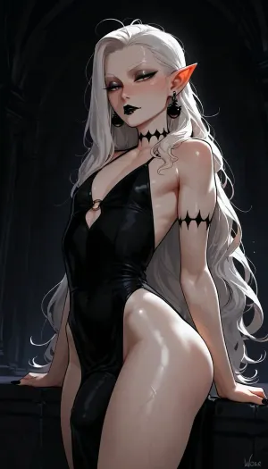 androgynous, tall, slender, (androgynous face, masculine face, defined features), nonchalant, sexy, posing, seductive, (long face), pale eyes, black eyeliner, eyebags, defined cheekbones, long narrow nose, small mouth, (black lipstick on upper lip, skin tone on lower lip), narrowed eyes, (white eyebrows), pointed ears, (black faded eartips, black faded fingertips, black pointy fingers), tunnel earrings, (extremely long silky white hair, messy hair, side part), flat chest, skinny waist, wide hips, (small round ass), modern vampire, pale white skin, detailed blue veins, long pointed fingers, bulge, large penis under clothing, skimpy silky flowing tunic, red and black clothing, incase, style, dark environment, darkness, edge lighting, gothic, <lora:Incase_Style__SDXL:1>
