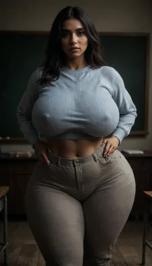 A nerdy woman, she is thicc, brown skinned, sharp facial features, Indian beauty model, ((tall thicc muscular figure, massive mommy tits, huge natural milkers)), ((huge thicc hourglass figure, thicc thighs, wide hips, curvy body, massive ass)), Curvy, body, standing next to whiteboard in classroom, she is classy, she is tall, ((she is wearing tucked in sheer blue cotton full sleeve sweater blue full top tucked in formal grey pants)), ohwx, <lora:b8174d41-8ba7-4318-bc14-53ee7e353d91.TA_trained:.8>, <lora:LCMTurboMix_Euler_A_fix:.8>, <lora:VioletMyers_SDXL_v1-000005:.8>, <lora:dark:.2>