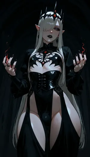 viewed from a low angle, dynamic pose, androgynous, tall, slender, (androgynous face, slender masculine face, defined features, slender male face), nonchalant, inviting, sexy, posing, perfect hands, long fingers, dark intricate rings, dark crown, seductive, (long face), pale eyes, black eyeliner, eyebags, defined cheekbones, long narrow nose, small mouth, fangs, (black lipstick on upper lip, skin tone on lower lip), narrowed eyes, (white eyebrows), pointed ears, (black faded eartips, black faded fingertips, black pointy fingers), tunnel earrings, (extremely long silky white hair, straight hair, side part, hair over one eye), flat chest, skinny waist, wide hips, (small round ass), modern vampire, pale white skin, detailed blue veins, long pointed fingers, large bulge visible under clothing, intricate medieval armor, incase, style, dark environment, darkness, edge lighting, gothic, blood magic, powerful sorcerer, <lora:Incase_Style__SDXL:1>, bloodyface, blood, <lora:lora-bloodyface-lite:.8>