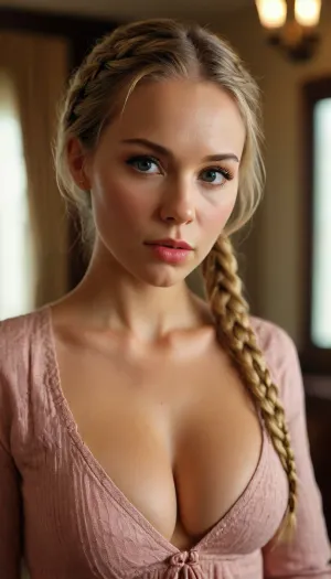 A young boss bitch with gorgeous big cleavage, a single tight blonde braid, sharp nose, high cheekbones, firm round big perky tits squeezed together in an outfit, smirking, stern look, impatient, scolding. She knows her tits make her the hottest woman in the room, <lora:Cleave:.8>, <lora:MJ52:.8>