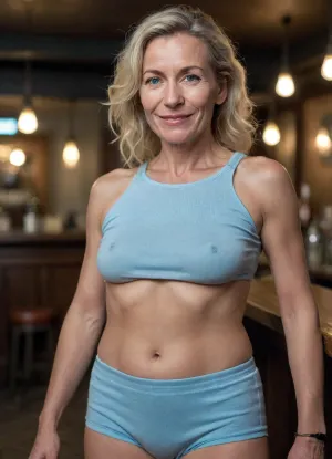 braless, a portrait of a 55 y.o mature russian woman, wearing a textured crop top, standing in a bar in the city night, natural skin, fine skin details, (wrinkles on the neck:1.2), light-colored short shorts. very wide hips. localized belly fat. protruding pubis, 50mm, motion blur, (warm ambient light:.5), (dramatic:.3), (shadows:.4), nostalgia, <lora:bralessSDXL_v1_00022:.8>, underboob, <lora:UnderboobXL:.8>, blonde, wrinkles, jewelry, long, hair, short, smiling, 1girl, blue, eyes, <lora:Older_woman-000008:.8>