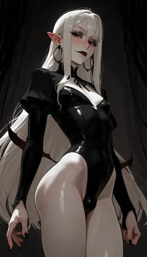 androgynous, (androgynous face, slightly masculine face), nonchalant, sexy, posing, seductive, long face, black eyeliner, eyebags, defined cheekbones, long narrow nose, small mouth, narrowed eyes, white eyebrows, eyebrow slits on one eyebrow, pointed ears, black faded eartips, black faded fingertips, gauged earlobes, extremely long silky white hair, flat chest, skinny waist, wide hips, small round ass, vampire, pale white skin, detailed blue veins, long pointed fingers, bulge, incase, style, dark environment, darkness, edge lighting, gothic, <lora:Incase_Style__SDXL:1>