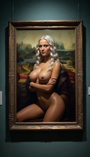 Masterpiece, 8k UHD, hyper-realistic, photorealistic, a framed oil painting in the style of Leonardo da Vinci hanging on a dark teal gallery wall, overhead spotlight illuminating the frame, the subject of the painting is of a naked brown tanned 30-year-old woman luxurious extra long wavy white-blonde hair, voluptuous body, enormous silicone enhanced breasts, naked posed exactly like the Mona Lisa, upper body only, arms crossed, slight enigmatic smile, seated, ((no clothes)), original Renaissance landscape background within the painting, all contained within the picture-frame. tonal proportions, high detail skin texture, sfumato technique, rich pigments, sharp focus, cinematic lighting, museum atmosphere.