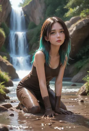falls on their bum in deep mud, mud splashes up