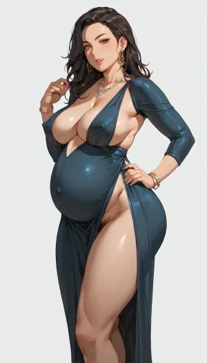 Chubby Pregnant woman, 1girl, asymmetrical pose, big ass, wide hips, large breasts, long black slit dress with a deep neckline, no bra, cleavage, braless, erect nipples, no panties, pubic hair, preggo, <lora:preggoXL_v0.1a:.8>