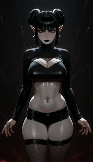 Naked gothic woman with cool porcelain-gray skin, curvy physique, narrow defined waist, broad rounded hips, thick thighs, long shapely legs, full bust, delicate, symmetrical, slightly angular face, high cheekbones, small refined nose, softly pointed chin, pale gray eyes with a subtle reddish glow around the irises, heavy smoky black and gray eye makeup, dark lashes, thin sharply shaped eyebrows, matte black lipstick, (nose bridge piercing, dimple piercings), elongated pointed ears, several subtle silver piercings, jet-black hair, short sleek bob with two messy buns, blunt bangs across the forehead, longer messy strands and spiky side sections flaring outward around her ears, (deep charcoal-black skin gradient, fading gradually into the lighter gray skin of her chest and torso), hands and forearms are similarly darkened, creating an almost supernatural shadow-dipped appearance, small jeweled navel piercing with a dark red gemstone, extremely long fingers, sharply pointed black pointy nails, wearing several thin silver rings, modern streetwear clothing, fishnet tights, short spiderweb pattern sheer top with long sleeves, bands with spikes around thighs, dark shorts, incase, style, dark environment, darkness, edge lighting, gothic, <lora:Incase_Style__SDXL:1>