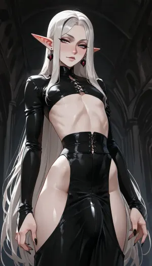 androgynous, (androgynous face, masculine face, defined features:1.2), nonchalant, sexy, posing, seductive, (elongated face, long face), pale eyes, black eyeliner, eyebags, dark eyebags, defined cheekbones, long narrow nose, small mouth, narrowed eyes, white eyebrows, eyebrow slits on one eyebrow, pointed ears, (black faded eartips, black faded fingertips, black pointy fingers:1.4), tunnel earrings, (extremely long silky white hair, side part), flat chest, skinny waist, wide hips, small round ass, vampire, pale white skin, detailed blue veins, skin pores, long pointed fingers, bulge, medium sized penis under clothing, incase, style, dark environment, darkness, edge lighting, gothic, <lora:Incase_Style__SDXL:1>