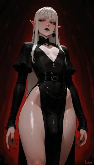 androgynous, tall, slender, (androgynous face, slender masculine face, defined features, slender male face), nonchalant, sexy, posing, perfect hands, seductive, (long face), pale eyes, black eyeliner, eyebags, defined cheekbones, long narrow nose, small mouth, fangs, (black lipstick on upper lip, skin tone on lower lip), narrowed eyes, (white eyebrows), pointed ears, (black faded eartips, black faded fingertips, black pointy fingers), tunnel earrings, (extremely long silky white hair, straight hair, side part), flat chest, skinny waist, wide hips, (small round ass), modern vampire, pale white skin, detailed blue veins, long pointed fingers, bulge, big penis under clothing, skimpy silky flowing tunic, red and black clothing, incase, style, dark environment, darkness, edge lighting, gothic, <lora:Incase_Style__SDXL:1>
